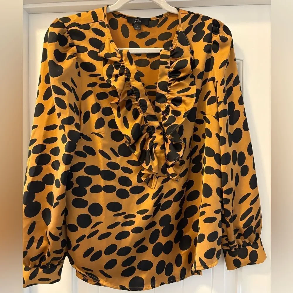 J. Crew Women's Ruffle Front Satin Top - Black and Tan Size Small V-Neck